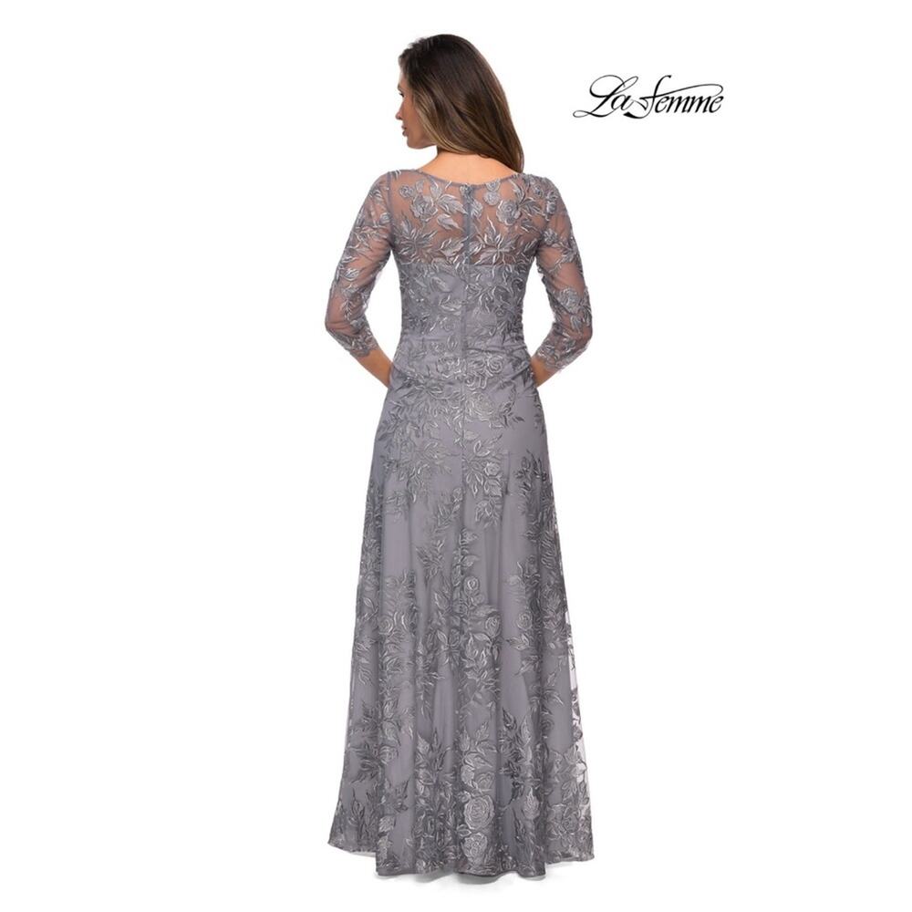 La Femme Formal Gown 3/4 Sleeves Silver Embroidered Mesh A-Line Size 14 NWT - Picture 2 of 13